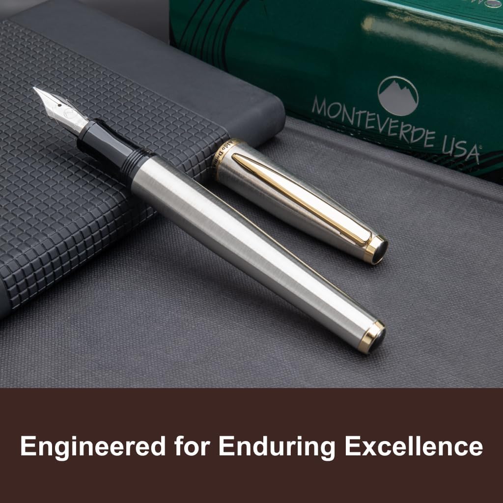 Monteverde USA Aldo Domani Fountain Pen Brushed - Extra Fine Nib - Luxury Writing Pen - JoWo Stainless Steel Nib - Smooth Ink Flow - Refillable - Gift Box Included