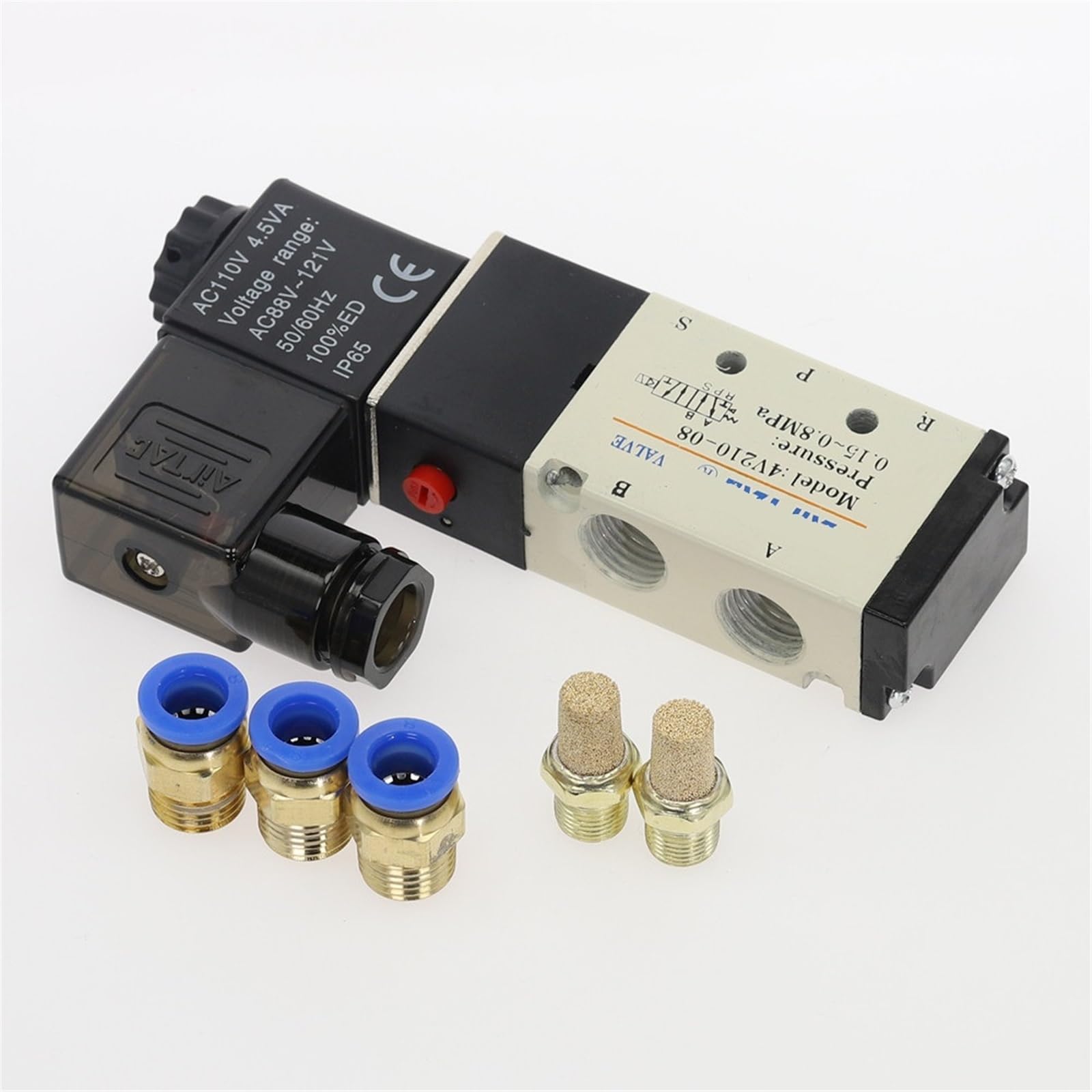 1 válvula solenoide 4V210-08 de 5 vías, 2 posiciones, control de aire y gas, válvula magnética de 12 V, 24 V, 220 V, 4 mm-12 mm, accesorios de manguera (accesorios de PC de 8 mm, AC220)
