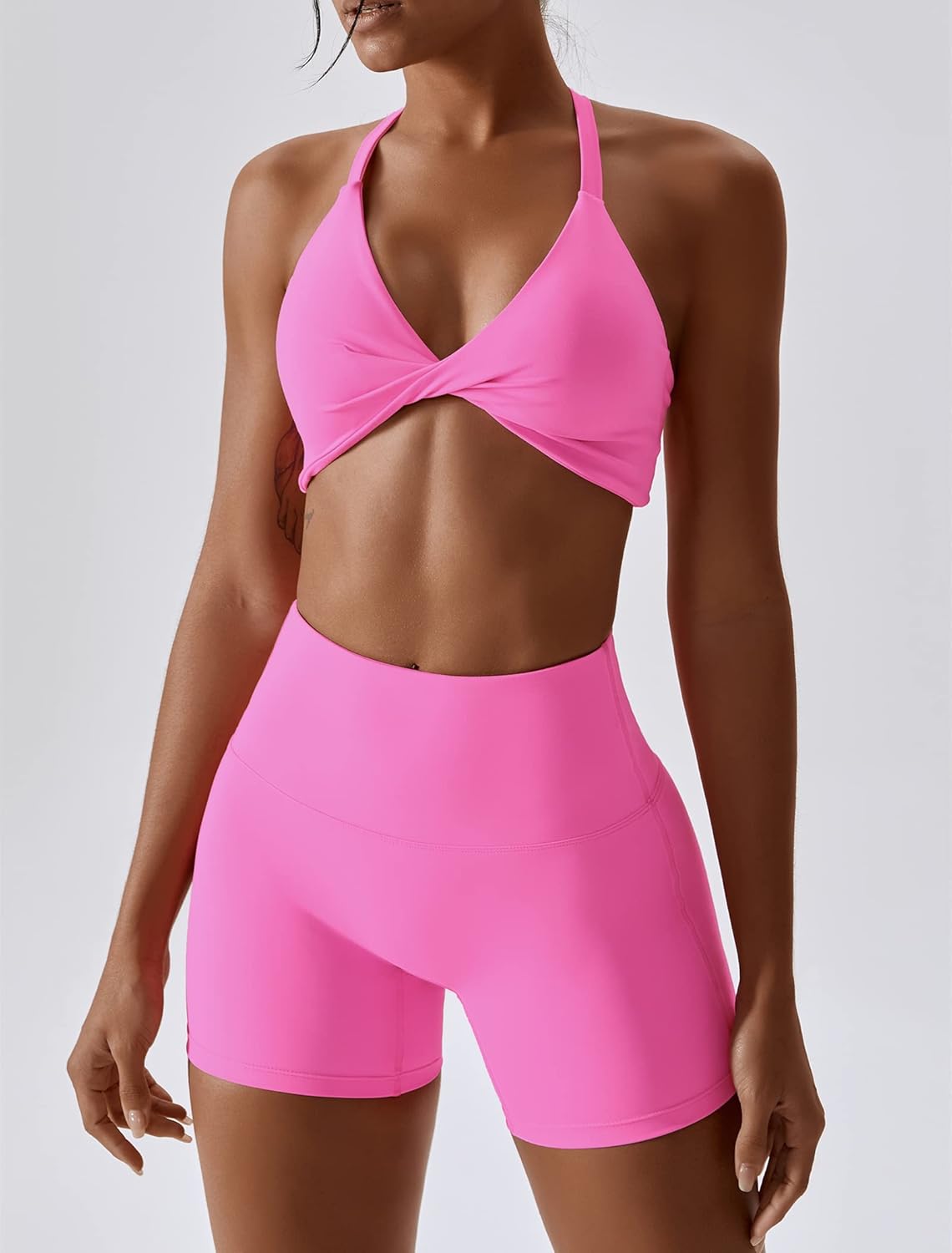 ABOCIW Workout Sets for Women 2 Piece Twist Front Halter Sports Bras High Waist Biker Shorts Exercise Gym Yoga Outfit - Image 3