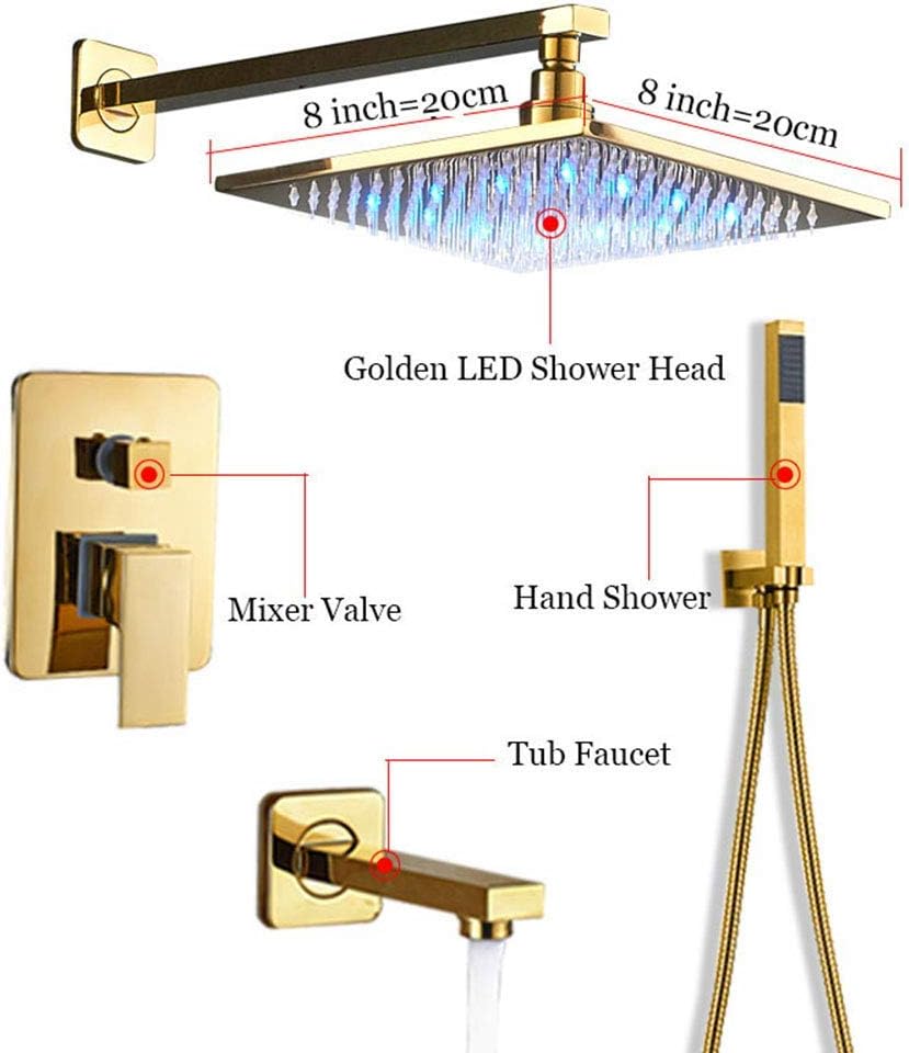 Led Rain Gold Rain Mixer Shower Combo Set Wall Mounted Single Handle Bathroom Shower Faucet Set with Shower Head, Handheld Shower, Tub Spout,12 Inches,8 Inches