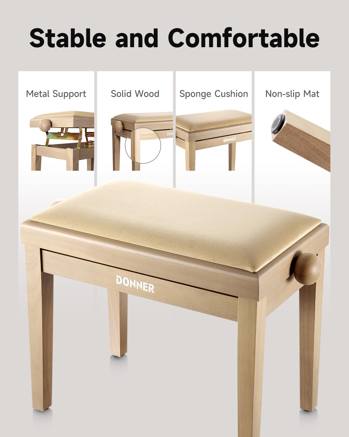 Donner Verstellbare Klavierbank, Klavierstuhlsitz aus Massivholz mit hochdichtem Schwammkissen, Klavierhocker aus Holz mit Metallhebevorrichtungen, Beige