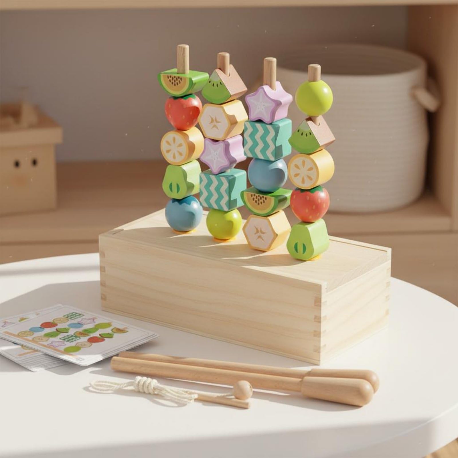 Perline Educative Bambini Set Gioco Legno Frutta Perline Infilare Ordinare Sequenze Carte Attrezzi Infilatura Apprendimento Pratico Motricità Fine Faggio Adatto per Casa Asilo Aula
