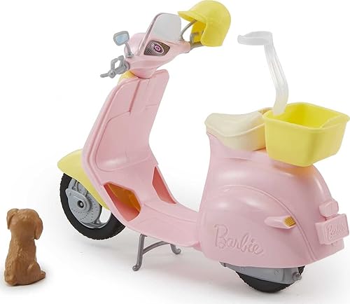 Miniatura 3 de Barbie Scooter con accesorio para cachorro y casco, ciclomotor rosa y amarillo con canasta, soporte y clip de asiento para muñeca