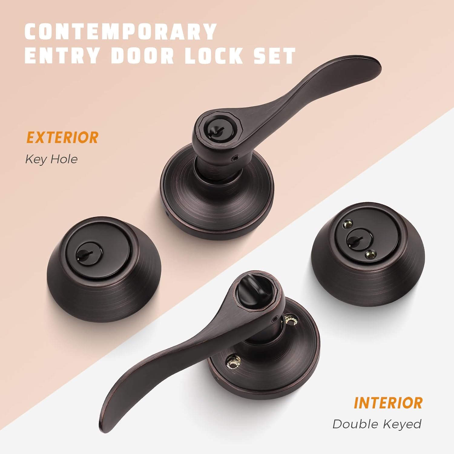 KNOBWELL 3 Pack Keyed Entry Door Lever Handle Door Handle with Lock and Key Exterior Door Lock Set with Double Keyed Deadbolt, Oil Rubbed Bronze Finish, Vintage Design (Keyed Alike)