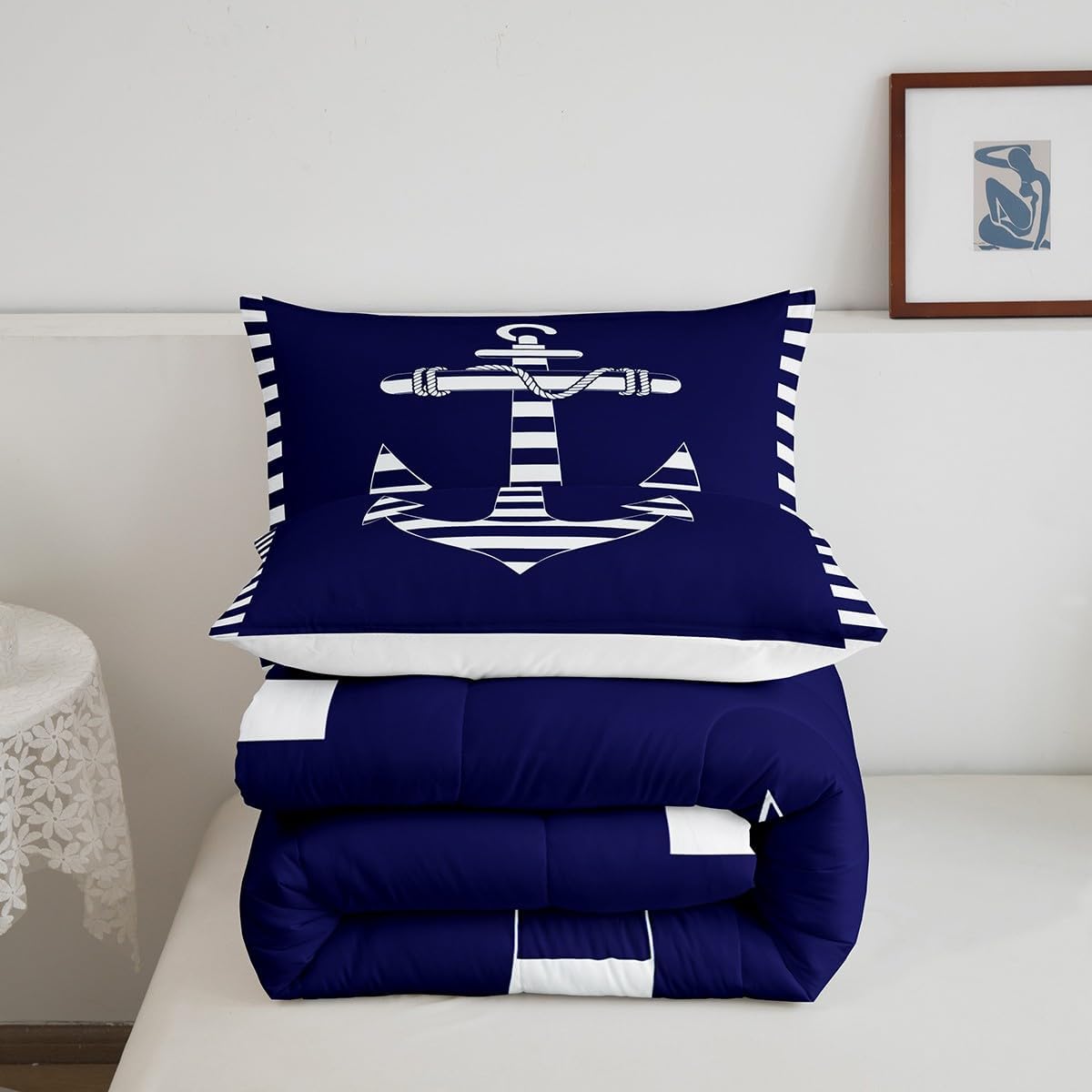 Feelyou Kids Navy Blue Nautical Anchor Comforter Set,Sail Boat Anchor Bedding Set Full Size,Boys Girls Bedroom Room Decor,Ocean Nautical Themed Comforter,Anchor Bed Set