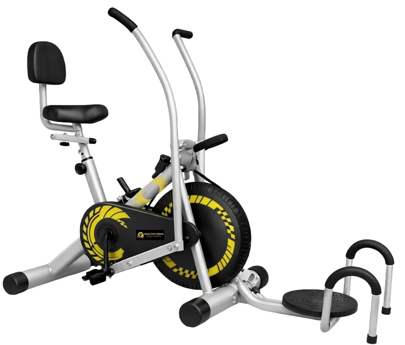 Exercise Bike with Moving Handles | Twister | Pushup Stand and Backrest | Dual Action Stationary Fitness Cycle with Resistance Control and Digital Display Meter (Silver Yellow)-image-43