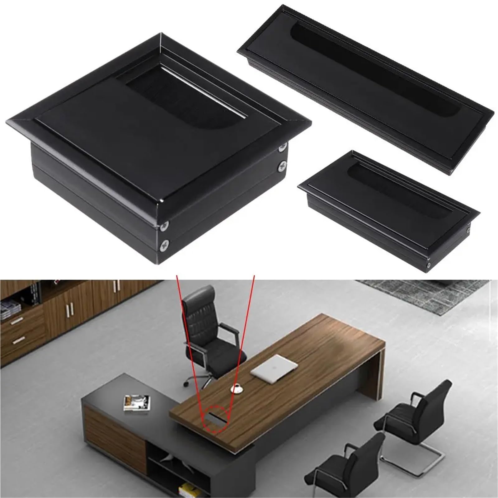 kabeldurchführung Aluminiumlegierung PC Schreibtisch Rechteck Draht Kabeltülle Bürotisch Lochabdeckung Auslassanschluss mit schwarzer Bürste(Black-80x275mm)