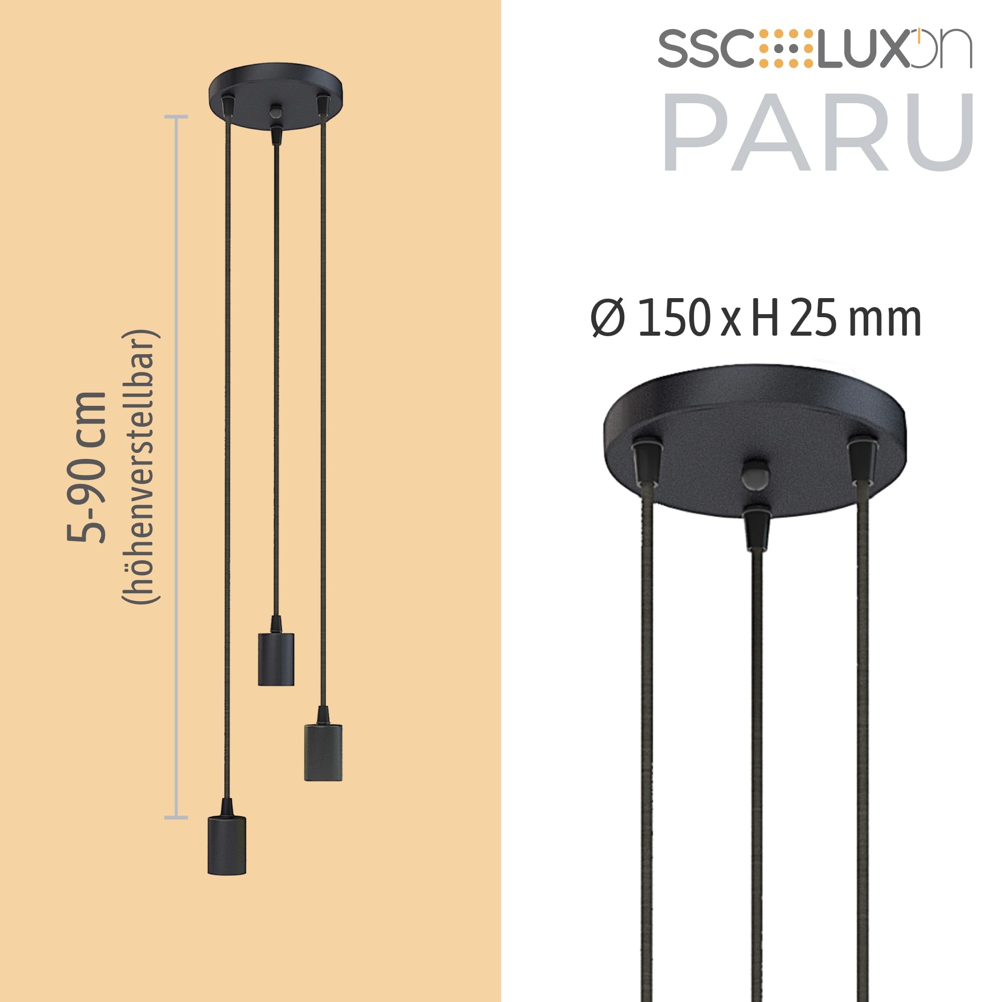 SSC-LUXon PARU Hängeleuchte 3-flammig Retro schwarz - Industrial Style Pendellampe mit Textilkabel höhenverstellbar für E27 Lampen