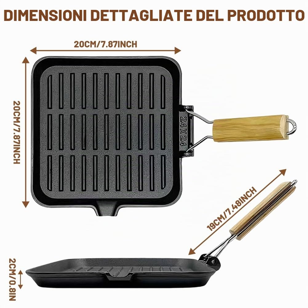 Bistecchiera in ghisa, con manico in legno, in ghisa pre-stagionata, padella quadrata smaltata, facile da pulire per tutti i piani cottura (20 x 20 cm)