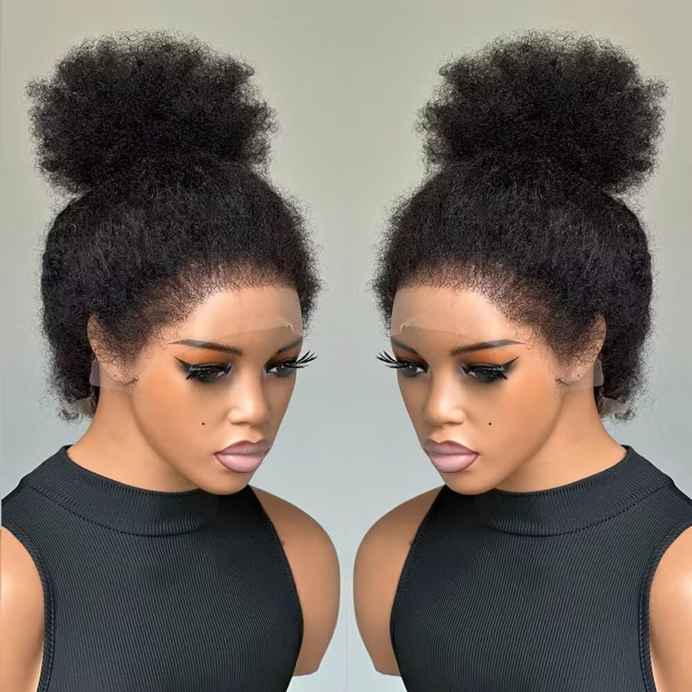 Mongolian Kinky Curly 13X4 HD Invisible Lace Frontal Human Hair Wigs for Women Afro Curly Bleached Knots Glueless Wig With 4C Kinky Edges 150% Density Brazilian Remy Human Hair Wig Pre Plucked