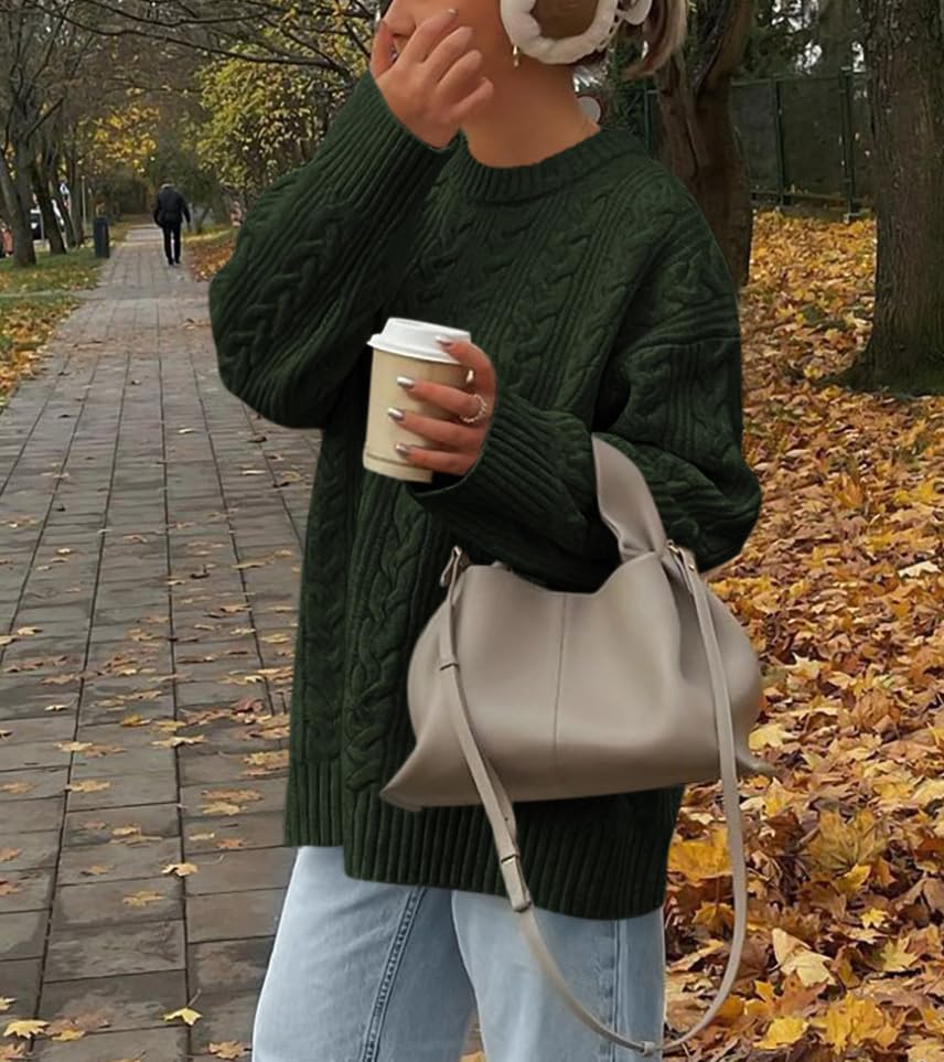 Okiwam Women's Oversized Sweaters Crewneck Cable Knit Pullover Casual Loose Fall Outfits Fashion Clothes 2025