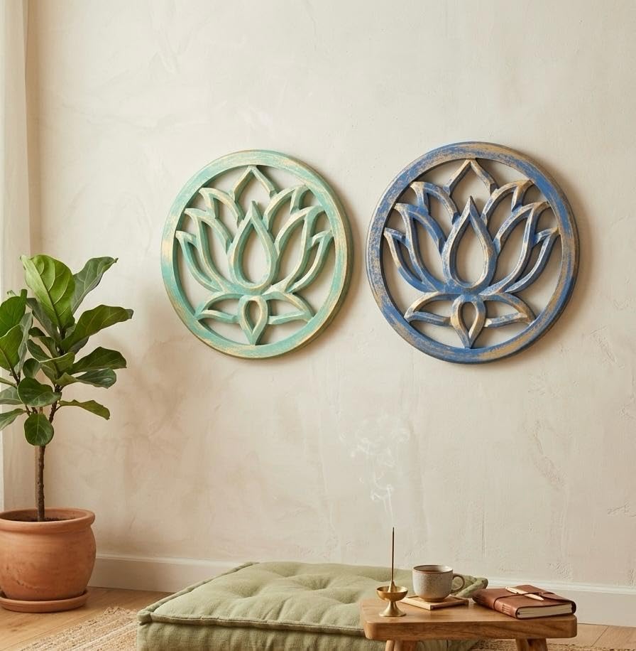 THE SARA ENTERPRISES Carved Lotus Flower Round Wall Panel, Distressed Finish, Teal and Blue, Set of 2-image-19