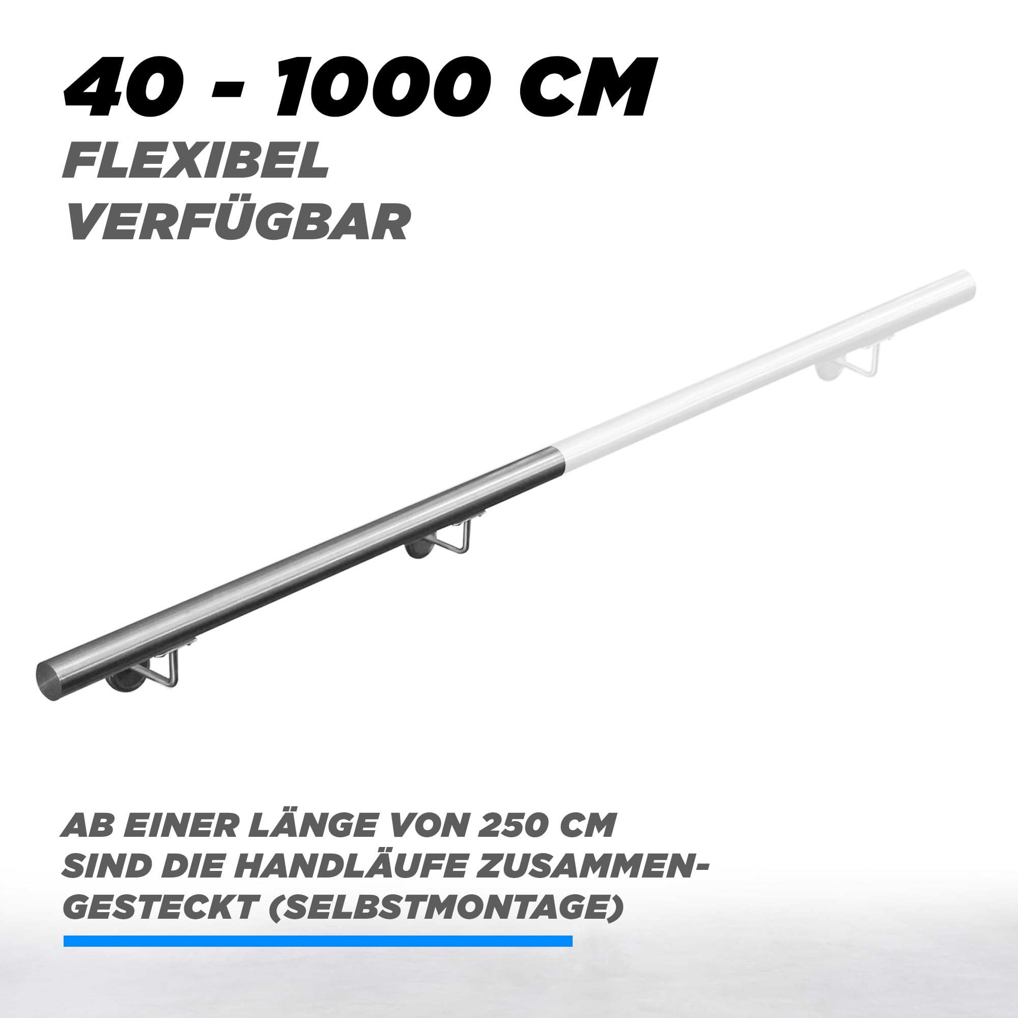 Handlauf Treppengeländer aus Edelstahl, Durchmesser: 4,2 cm, Rostfrei & Wetterfest, Inklusive Montagematerial, Halter, Länge: 100 cm