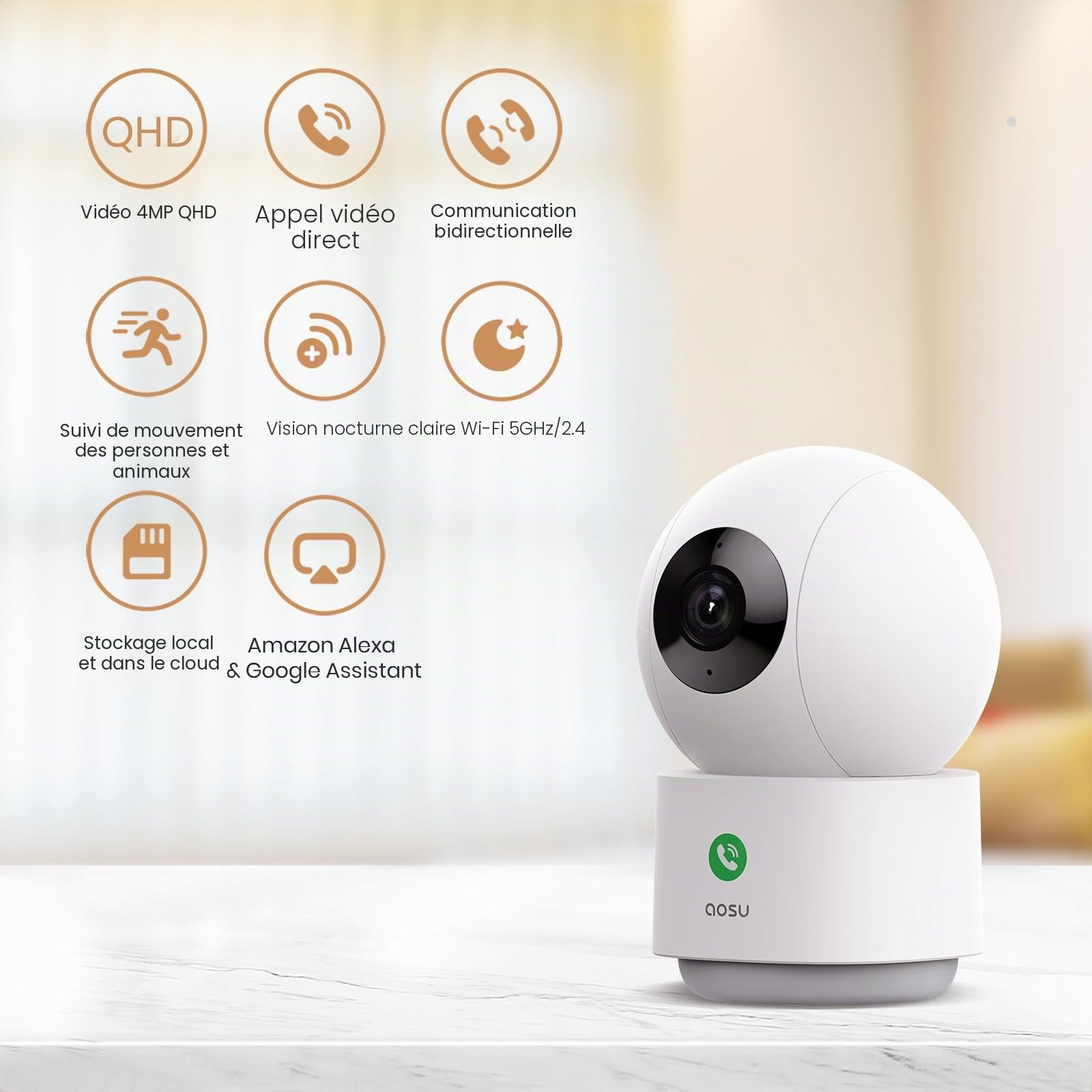 AOSU Lot de 2 caméras de Surveillance d'intérieur 4 MP – Caméra de Surveillance pour bébé 2,5 K à 360° pour la sécurité à Domicile, caméra WiFi avec routeur Wi-FI 5/2,4 GHz, Appel à Une Touche, Suivi