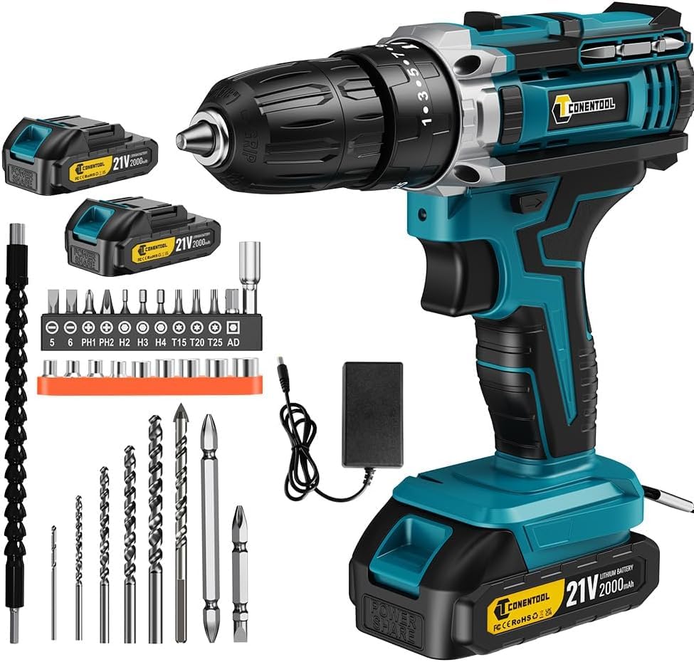 21V Akkuschrauber Set, 45N.m Akku Bohrschrauber Set, 25+3 Drehmomentstufen Klein Akkubohrer mit 2 * 2.0Ah Akku und Ladegerät Bohrmaschine Schlagbohrschrauber LED-Licht