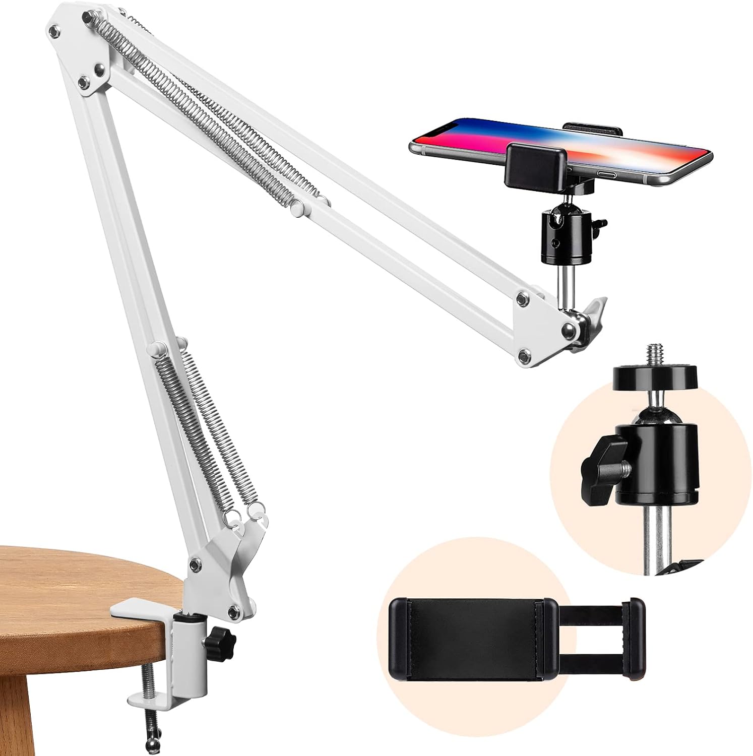 TARION Overhead Desk Video Stand - Phone Mount Stand with Articulating Arm Flexible Cell Phone Holder for Overhead Video Filming Livestream Flat Photography Videography White