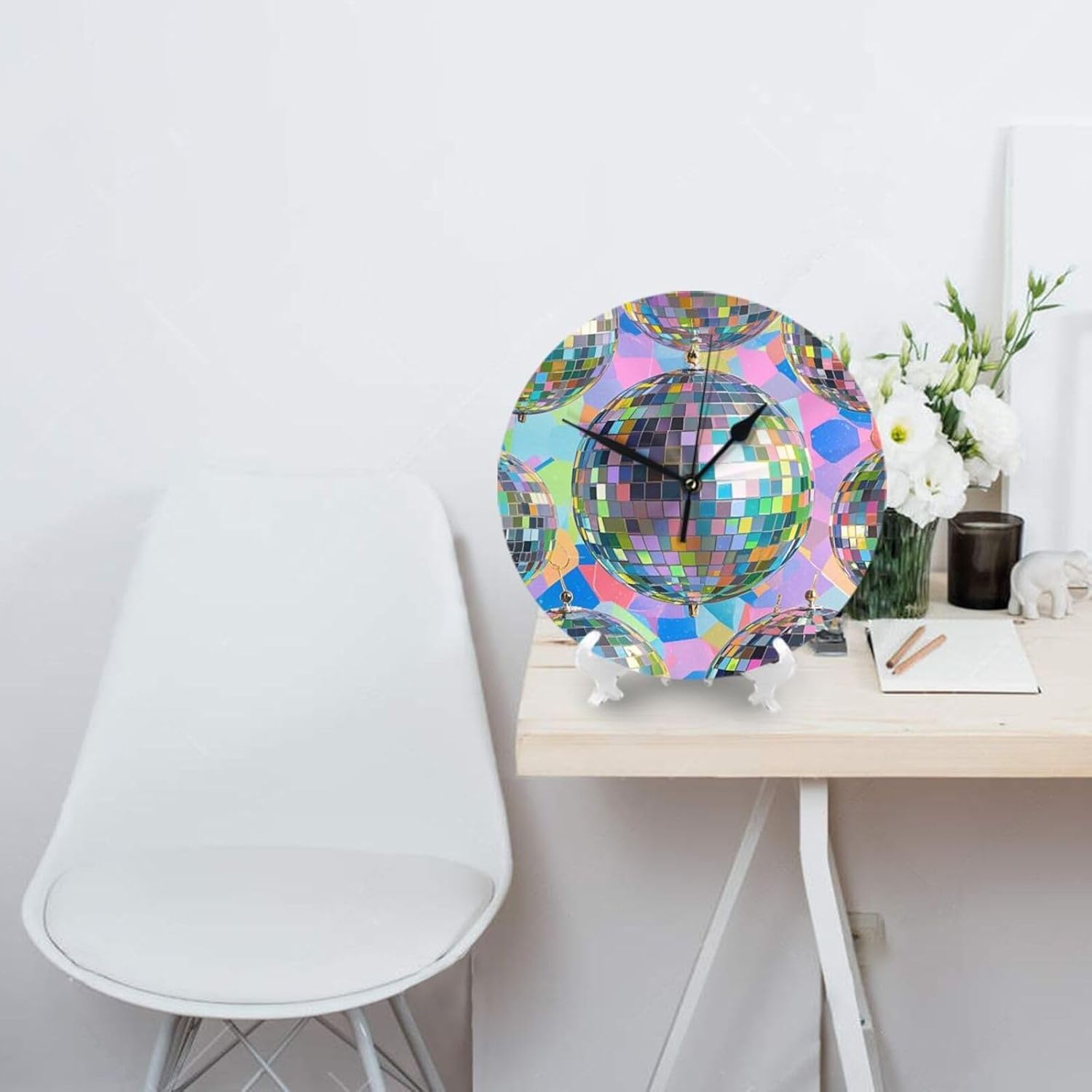 Disco Ball Pattern Wall Clock 10 Inch Battery Operated Silent Non-Ticking Round Classic Wall Clocks Decorative Small Analog Clock for Kitchen, Living Room, Office, Bathroom