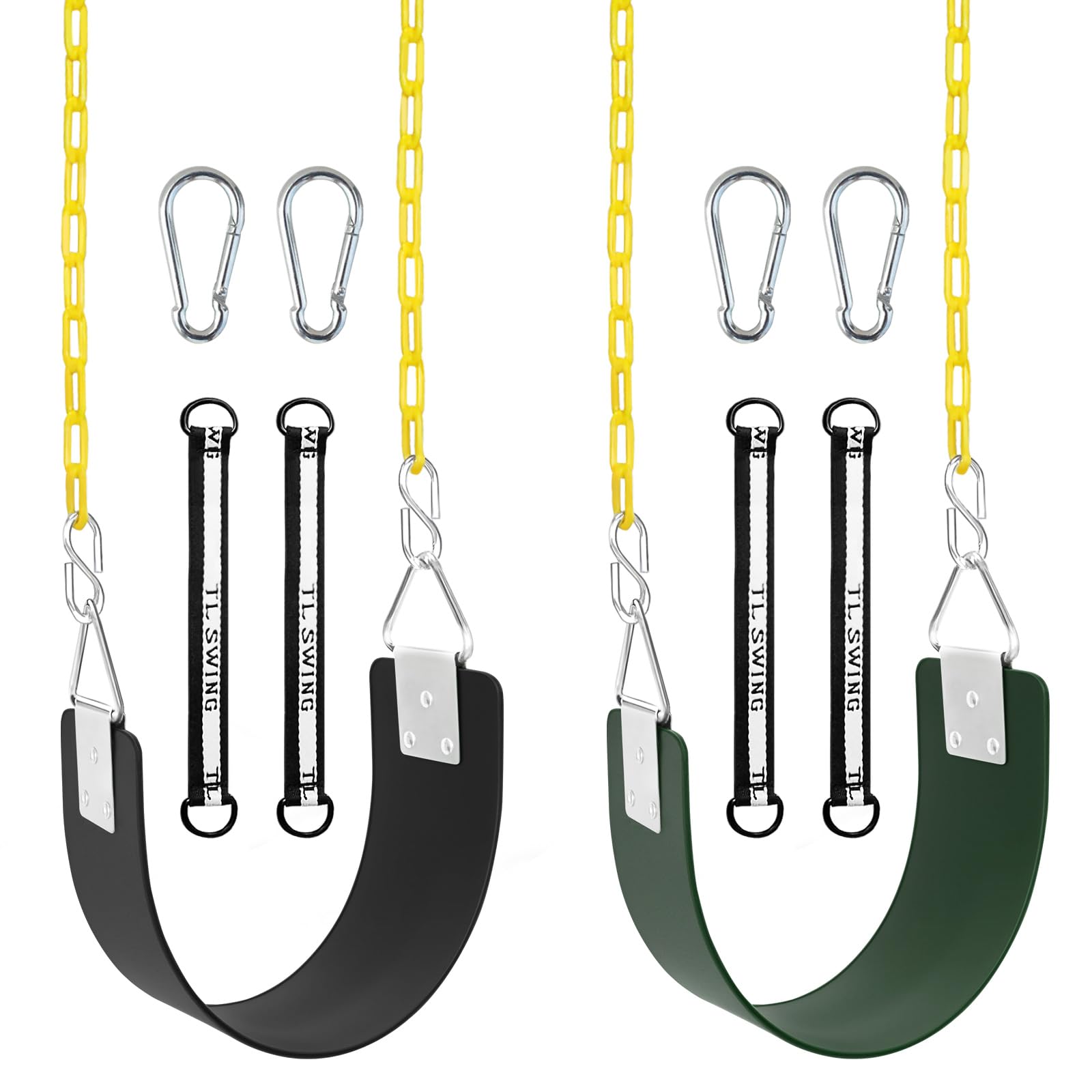 Swing Set Seat with Metal Triangle Ring & 66Inch Anti-Rust Chains, Tree Swing Accessories with Snap Hooks & Hanging Straps, Support 300lb, Outdoors Backyard Playground- 2 Pack (Green & Black)