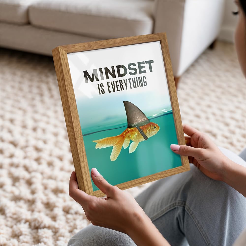 Mindset is Everything FRAMED - Motivational Wall Art Poster for Home, Office - Gift for Entrepreneur, Student, Men - Inspirational Decor - Uplifting Self-Improvement Positive Quote - Shark Goldfish