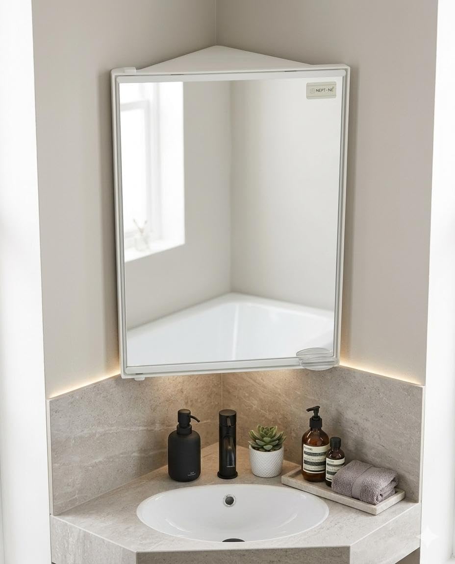 NAVRANG INNOVATIONS Plastic Neo Corner Bathroom Cabinet with Mirror and Shelves White 1 Door-image-10