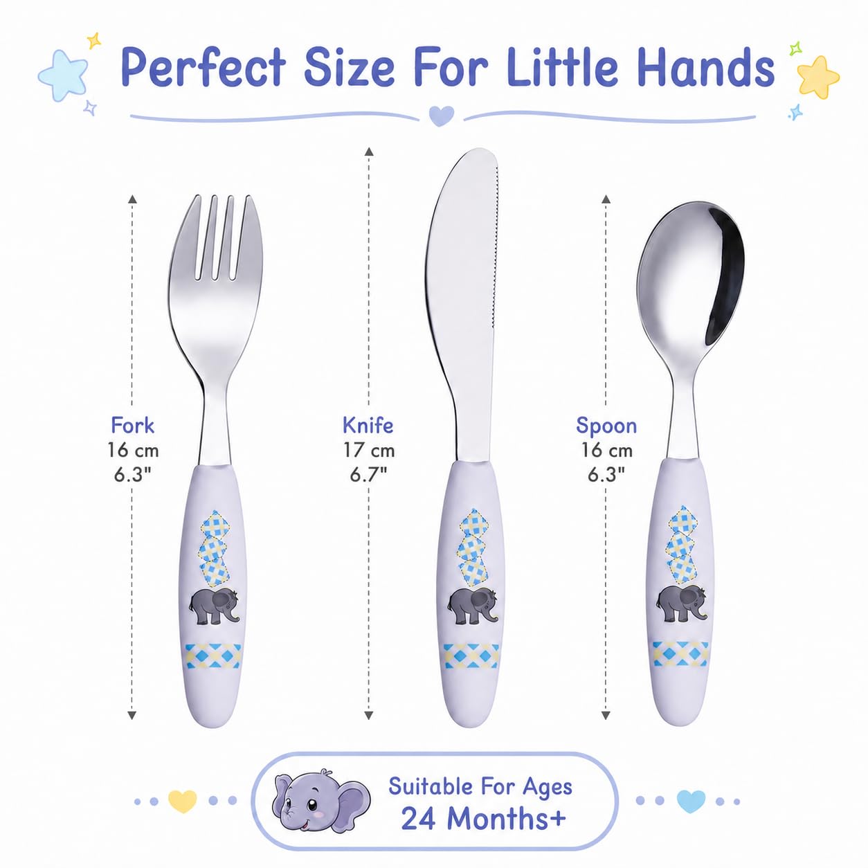 EXZACT dzieci sztućce 6 szt stal nierdzewna Kid maluch słoń | do zmywarki BPA bez uchwyty łatwy chwyt Toddlers codzienny posiłki pokój dziecięcy Utensil sztućce łyżki widelce noże