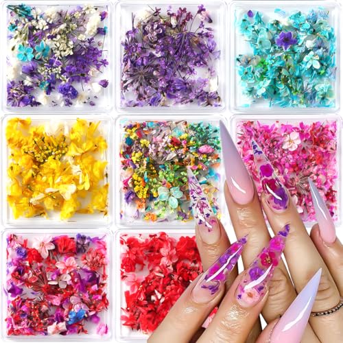 8 Boxs Dried Flowers for Nail Art,Colorful Mini Real Natural Flowers Nail Art Supplies,3D Gypsophila Floral Mixed Tiny Petals Decoration Kits for Resin Jewelry DIY Crafts Manicure Accessories