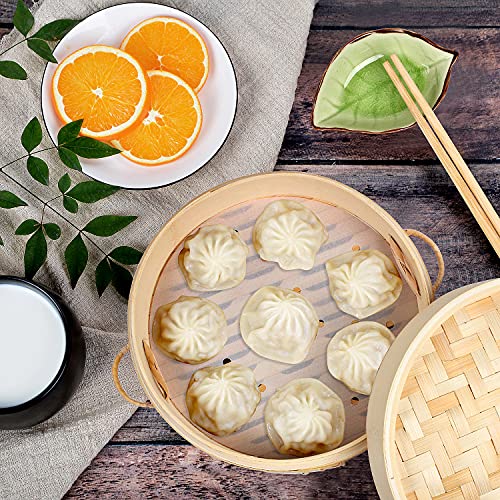 Handmade 10 Inch Bamboo Steamer,Two Tier Baskets with Lid - with Side Bamboo Handles - for Dumplings,Rice,Dim Sum,Vegetables,Fish and Meat - Contains 2 Pairs of Chopsticks,2 Sauce Dishes,60 Liners