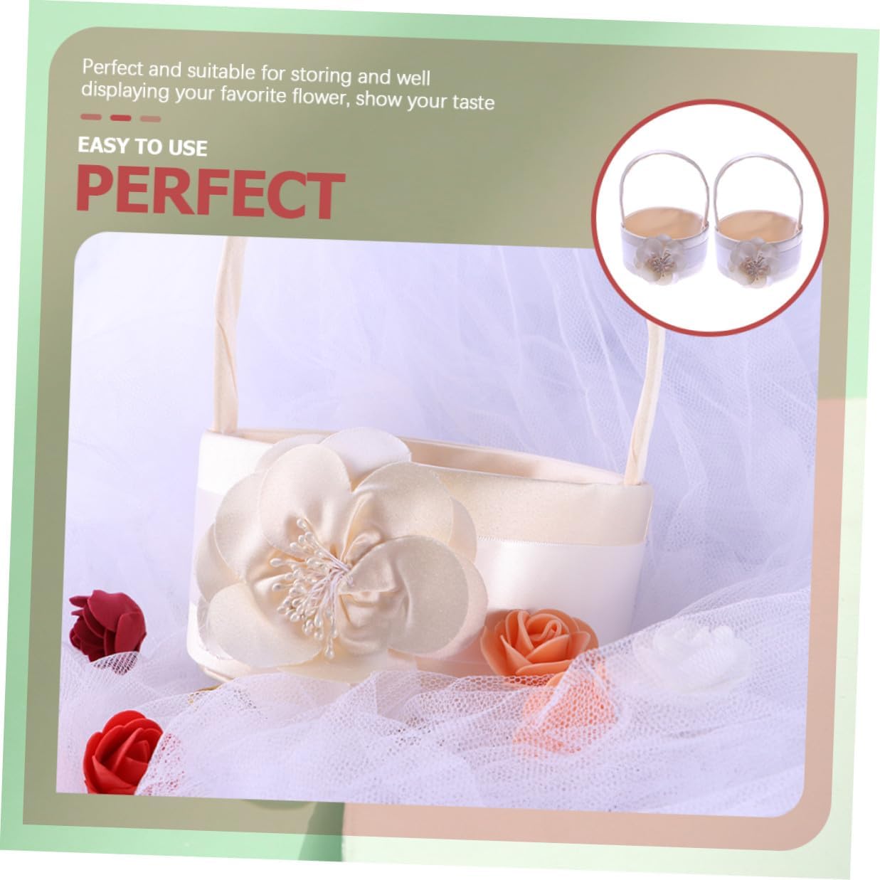 VILLCASE Satin Flower Girl Basket for Weddings Handheld Wedding Flower Basket with Floral Design