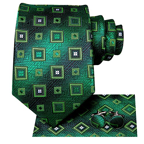 Image of Dubulle Mens Green Checks Floral Silk Tie for Men Striped Necktie and Pocket Square Cufflinks Set Wedding Business