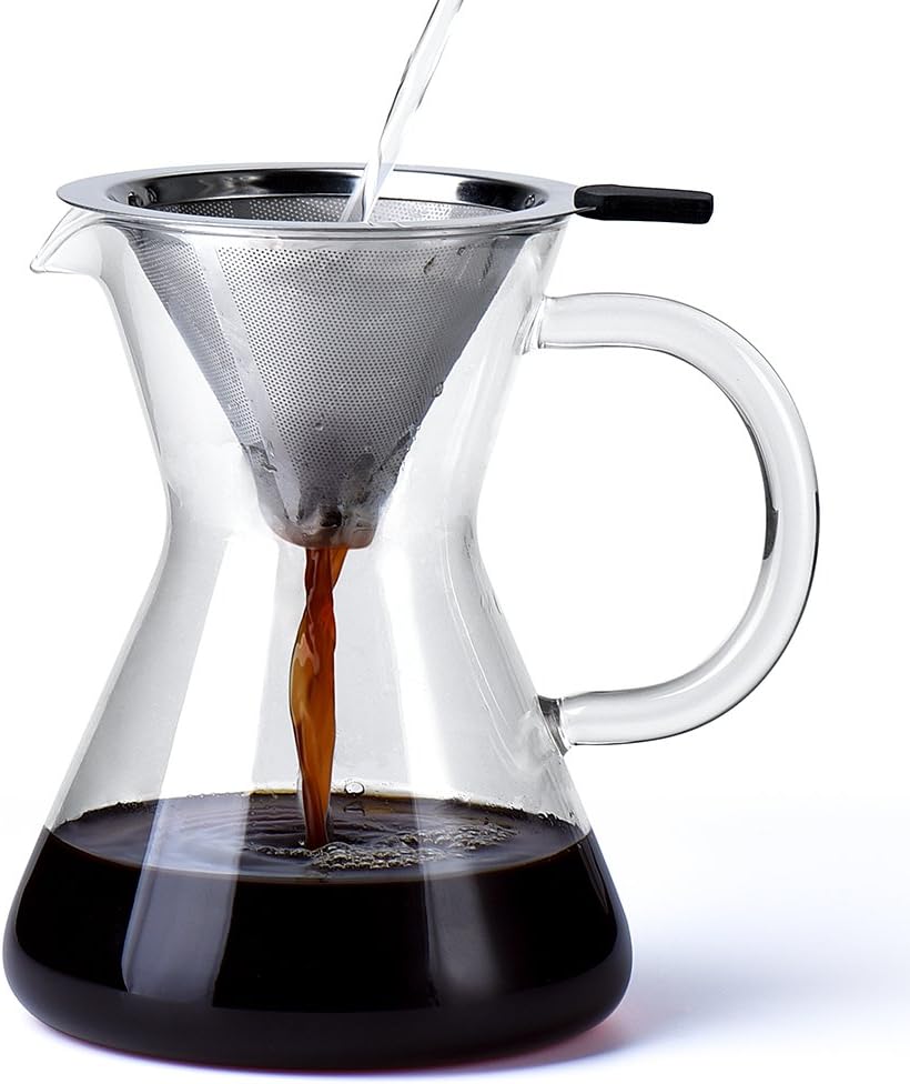 Glotoch Pour Over Coffee Maker Set - Pour Over Kit Includes Large Glass Carafe and Reusable Stainless Steel Dripper Coffee Filter - 4Cup Coffee Brewer (17oz | 500ml)