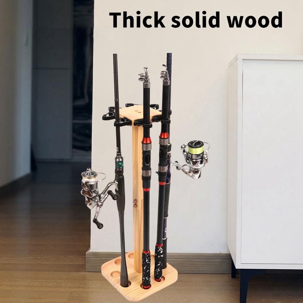 Supporto verticale per canne da pesca in legno a 8 scomparti, ideale per chalet o barca.