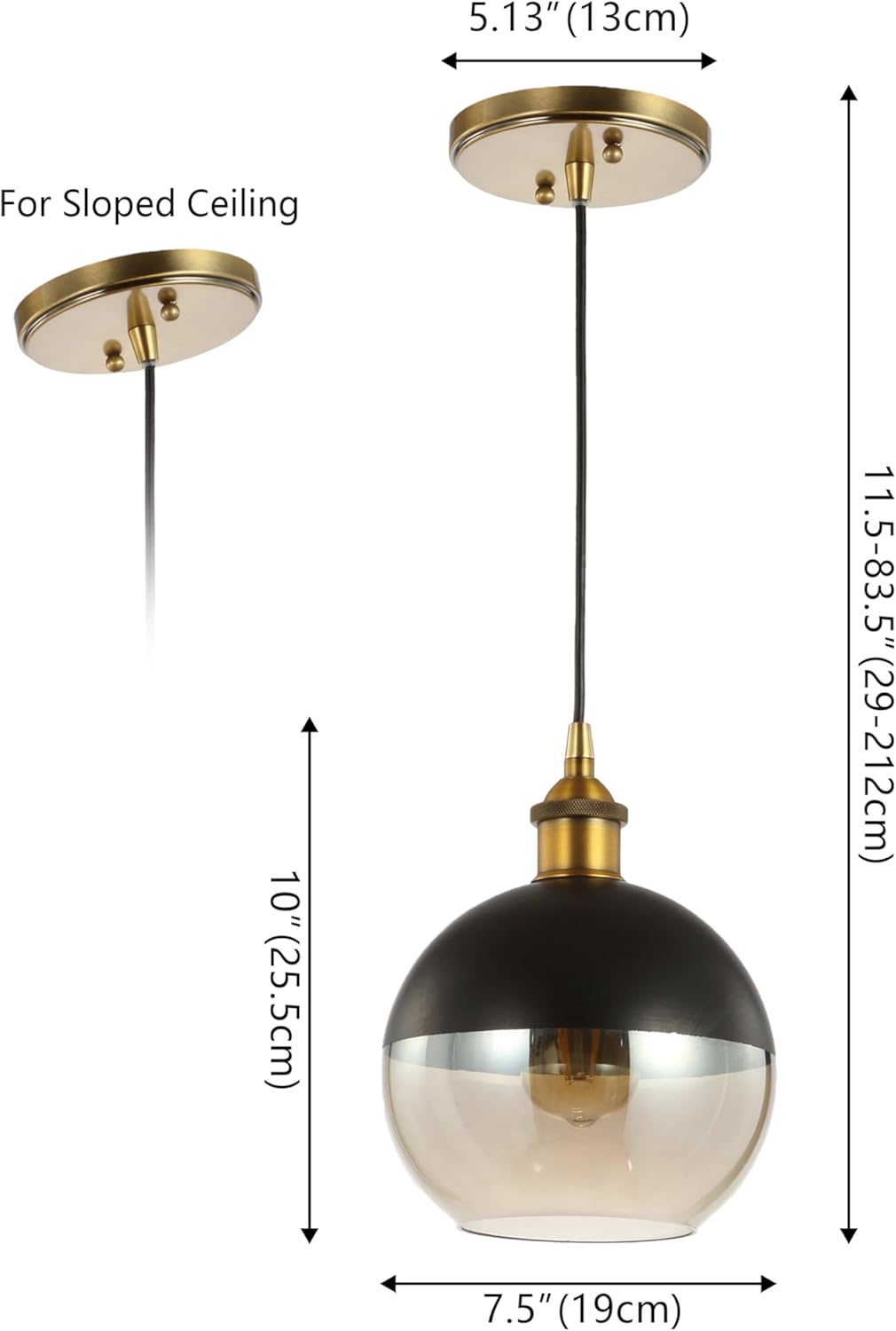JONATHAN Y 7.5" Brass Gold/Black 1-Light Mid-Century Modern Globe Pendant Light, Adjustable LED Hanging Ceiling Fixture, Champagne Smoked Glass Shade for Kitchen Island (JYL3513A-SET2)