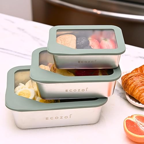ecozoi Lonchera de acero inoxidable, juego de 3 piezas con tapas de vidrio, 75 onzas, 40 onzas, 20 onzas, a prueba de fugas, recipientes de metal