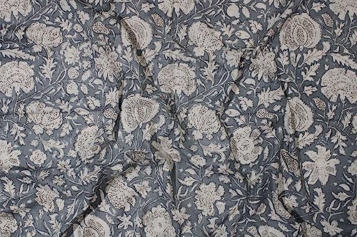 Image of Indian Hand-Block Printed Jaipuri Flower Print Floral Ethnic Sanganer Kurti Print Cotton Fabric (3 Yards, White Gray Flower)
