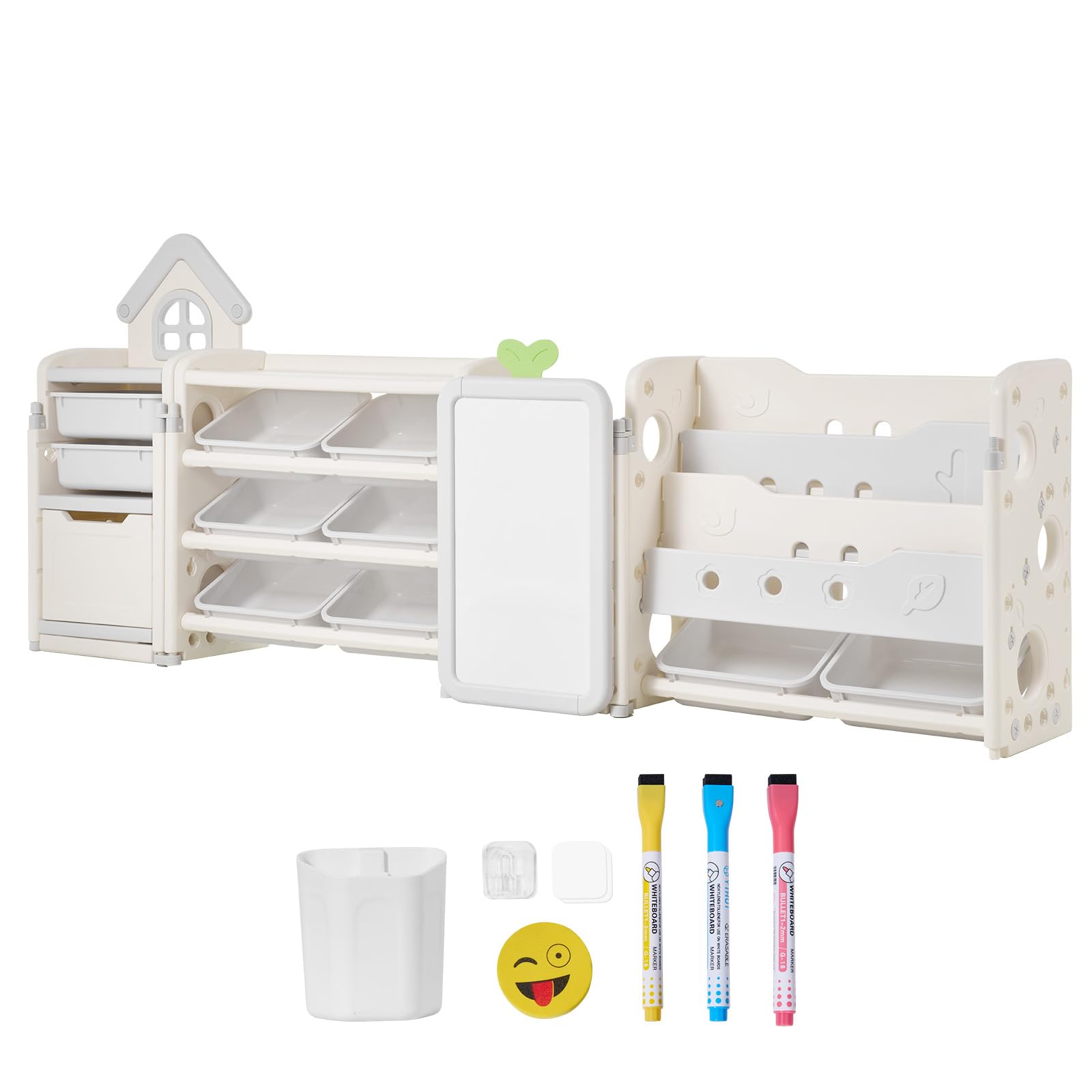 VEVOR Scaffale per Giocattoli in HDPE, Organizzatore per Giocattoli Multifunzionale a 4 Ripiani con 10 Contenitori in Plastica Flessibile e Tavolo da Disegno, per Camera da Letto e Aula, Grigio Beige