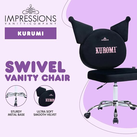 Impressions Vanity Kuromi Velvet Swivel Vanity Chair with Wheels, Black