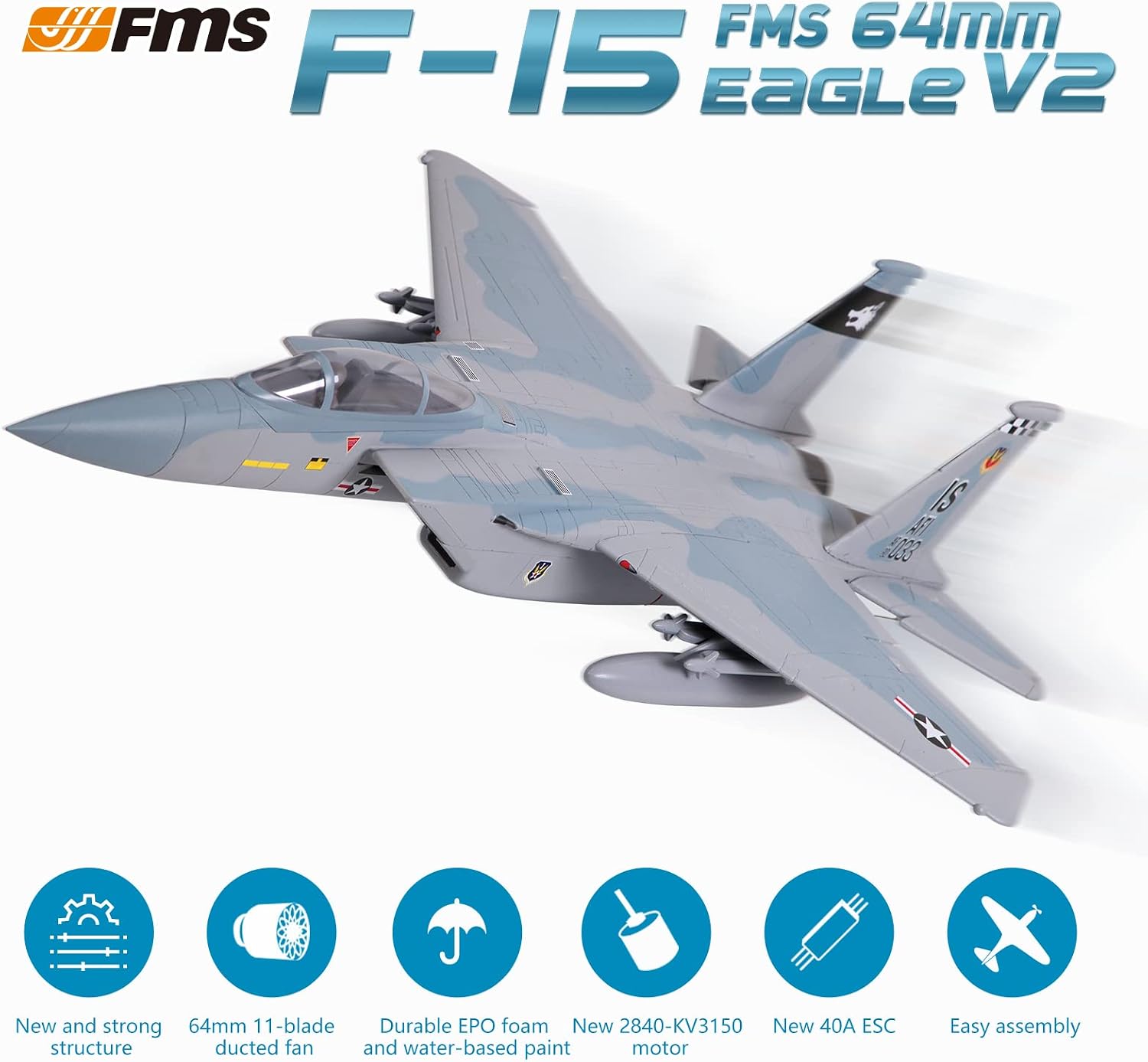 Fms Rc Jets Rc Planes for Adults 64mm F-15 Eagle V2 Ducted Fan EDF Sport Jet 4 Channel Rc Fighter Jet Remote Control Airplane PNP (No Radio, Battery,Charger)