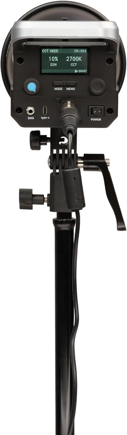 Bag view of the NANLITE FC-120B Bi-Color LED Spotlight showing the control panel and display screen.