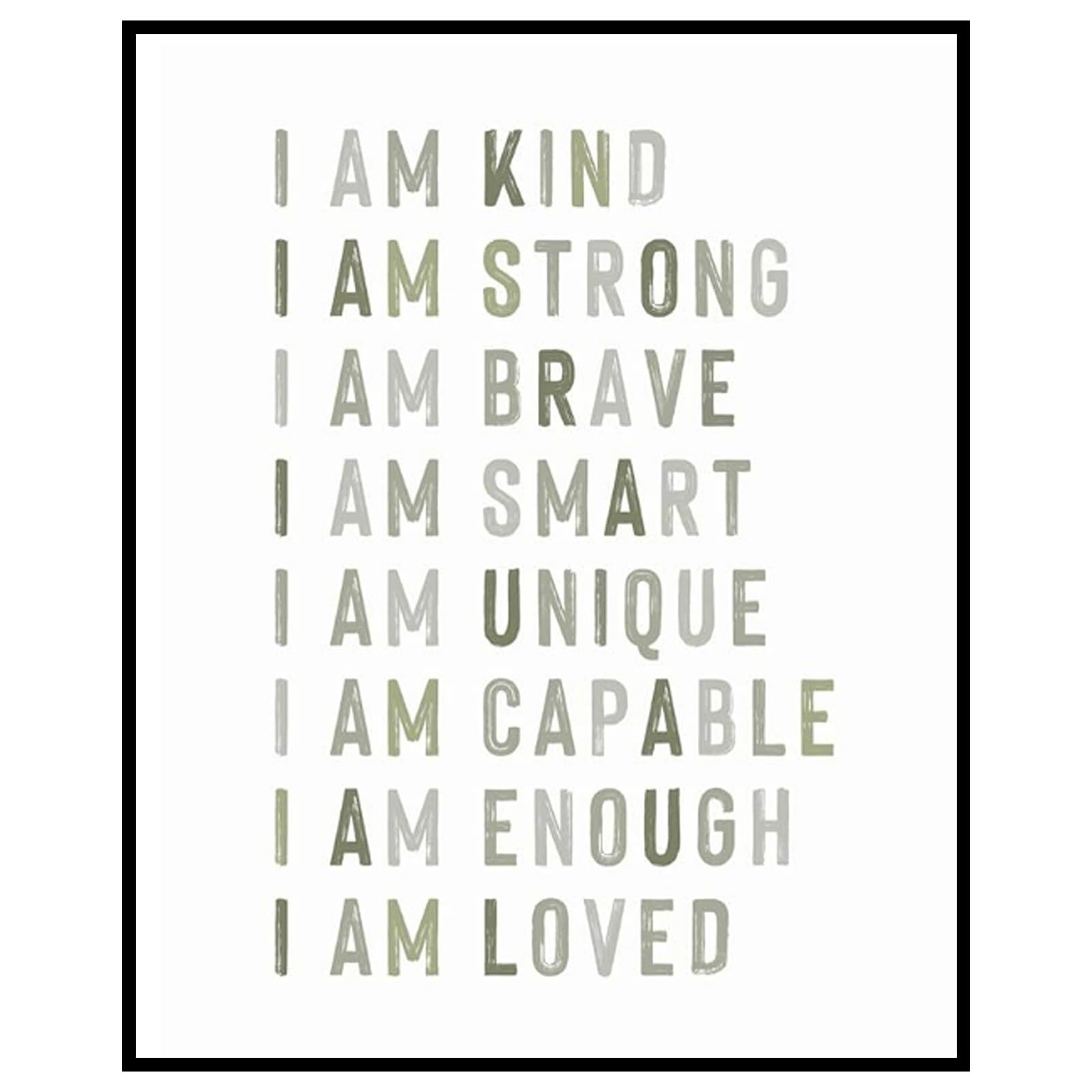 Kids Affirmation Wall Art for Boys Girls, I Am Kind Brave Loved Poster, Nursery Decor Baby Boy Girl Room Decor, Toddler Room Decor Kids Room Wall Decor Playroom Decor, Sage Green Minimalist. Unframed