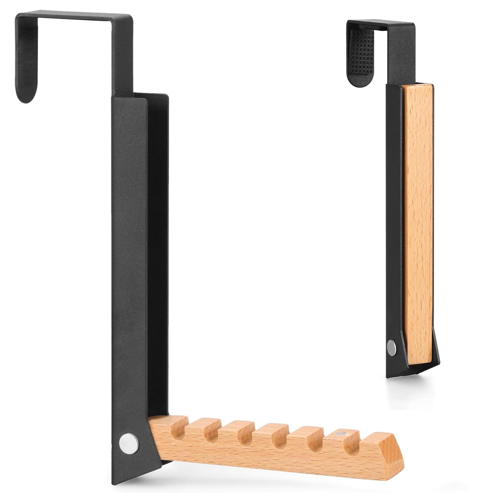 Mxghir Black Over Door Hanger, Foldable Over Door Hook With 6 Grooves, Metal & Wood Overdoor Coat Hanger Hooks For Bedroom, Clothes, Towel, Hats, Bags (Black)
