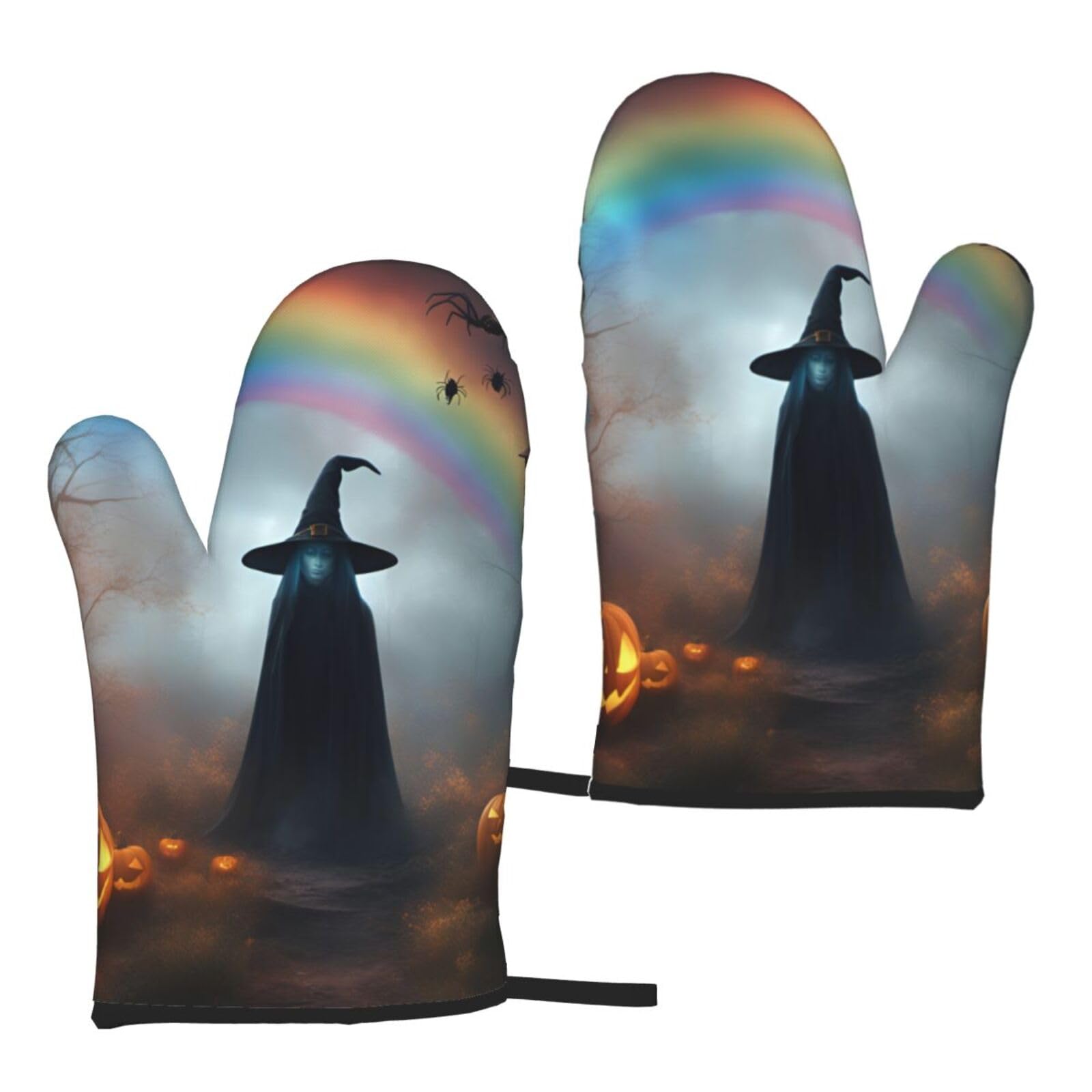 Nimongt Women's Black Rainbow Halloween Ghost Witch Hat Spiders Print Adults Universal Fit Heat Resistant Oven Gloves Reusable Cooking Outdoor Grilling
