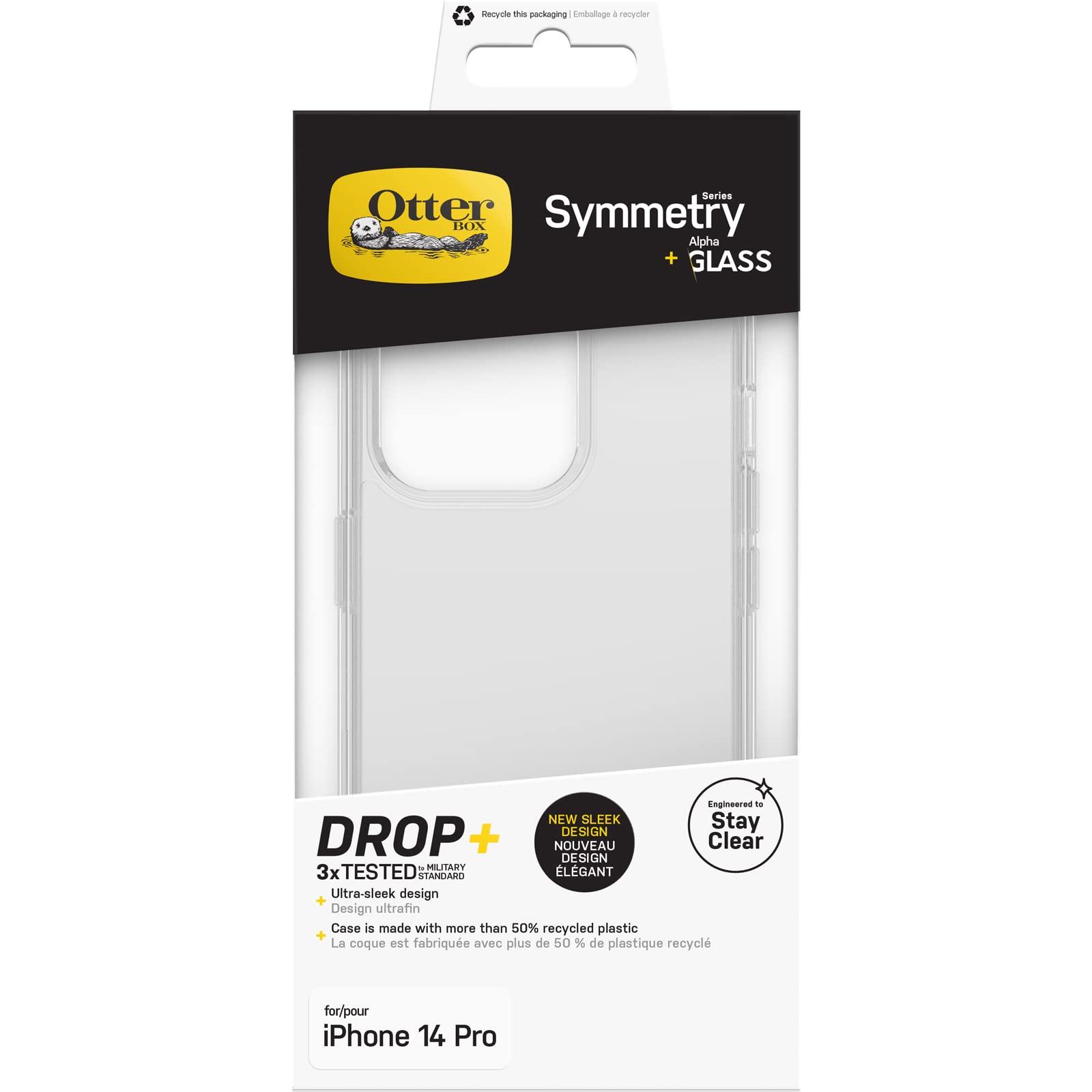 OtterBox Bundle per iPhone 14 PRO Cover Symmetry Clear Testata 3X vs Le Norme Anti Caduta Mil-Std 810G + Protezione Schermo Vetro Alpha con 3X Tecnologia Anti Graffio