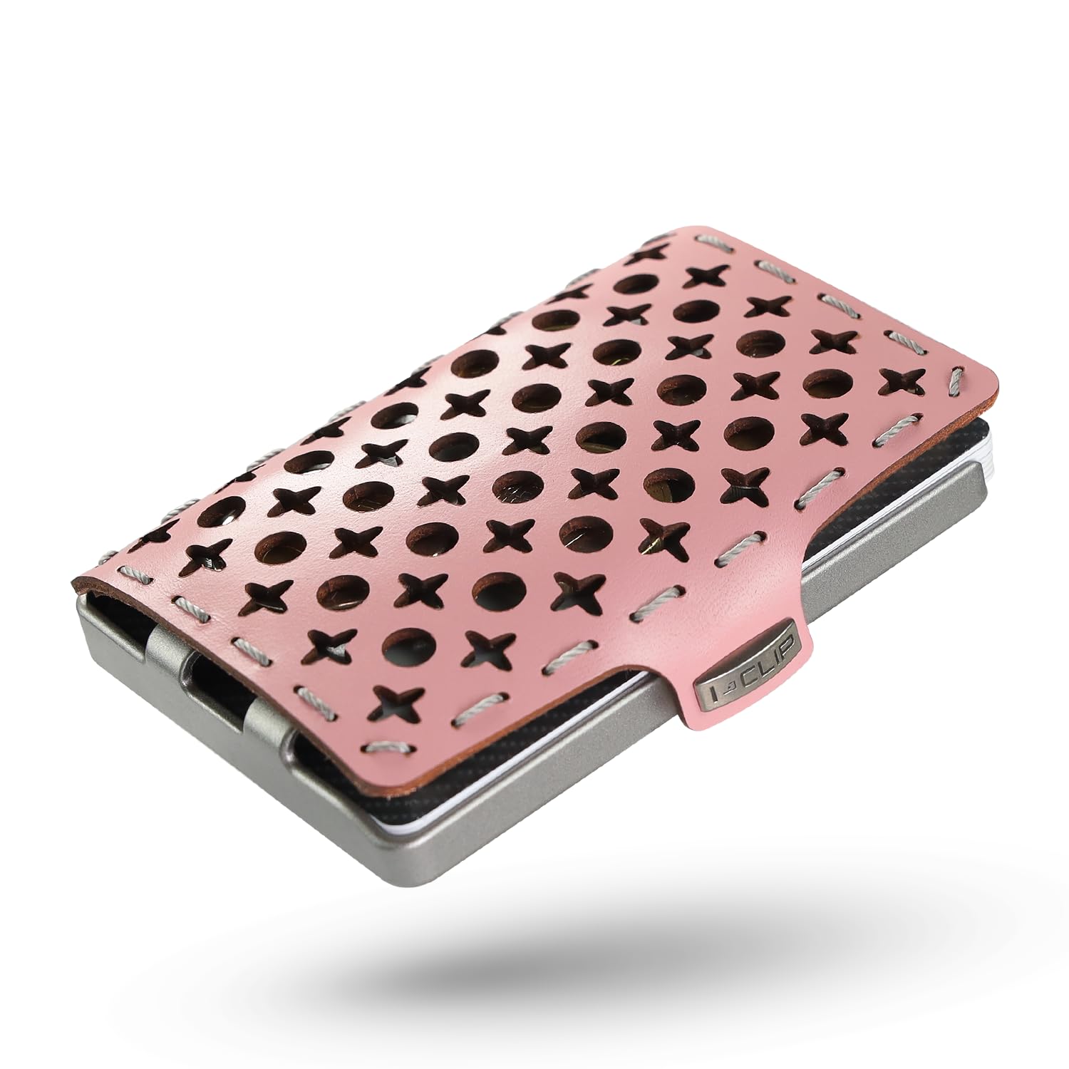 I-CLIP Original Geldbörse mit Münzfach - Damen - Leder Portemonnaie - mit Geldklammer - hochwertiger Geldbeutel - Slim Wallet - Silberner Rahmen - Rosa Leder - Bernardette