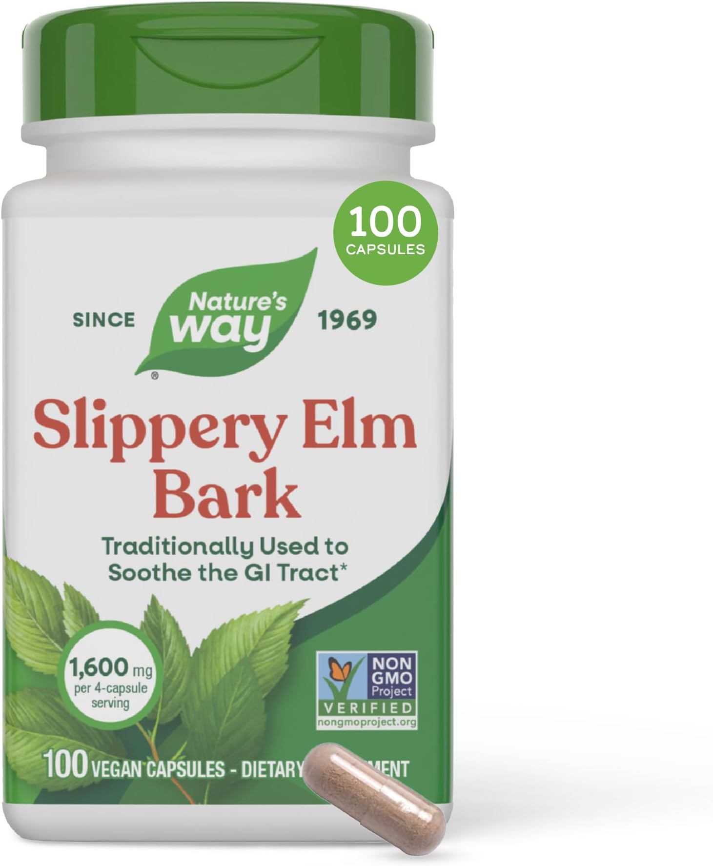 Nature’s Way Slippery Elm Bark Capsules, Traditional Digestive Support to Soothe Gastrointestinal Tract*, 1,600 mg per 4-Capsule Serving for Traditional GI Support*, Vegan, 100 Capsules