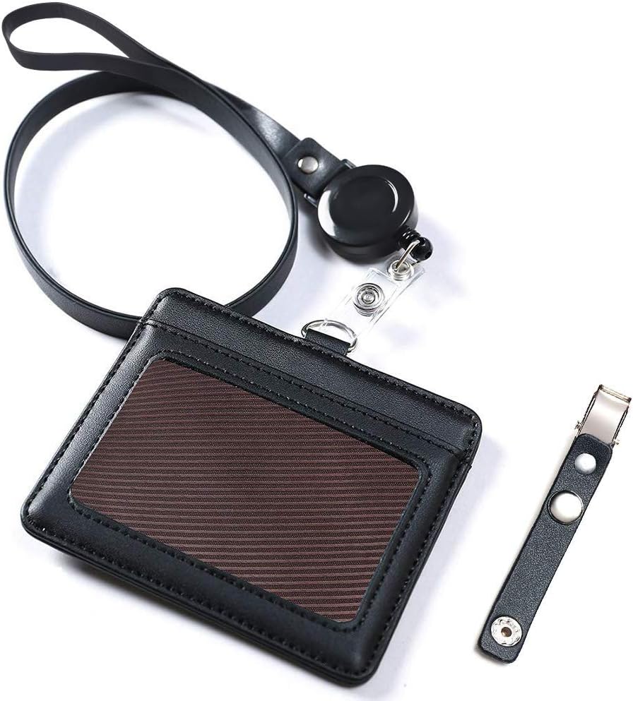 Black Leather Badge Holder with 2 Card Pockets, YTBUBOR Horizontal Name Tag ID Card Holders with Retractable Reel Neck Strap & Detachable Metal Clips