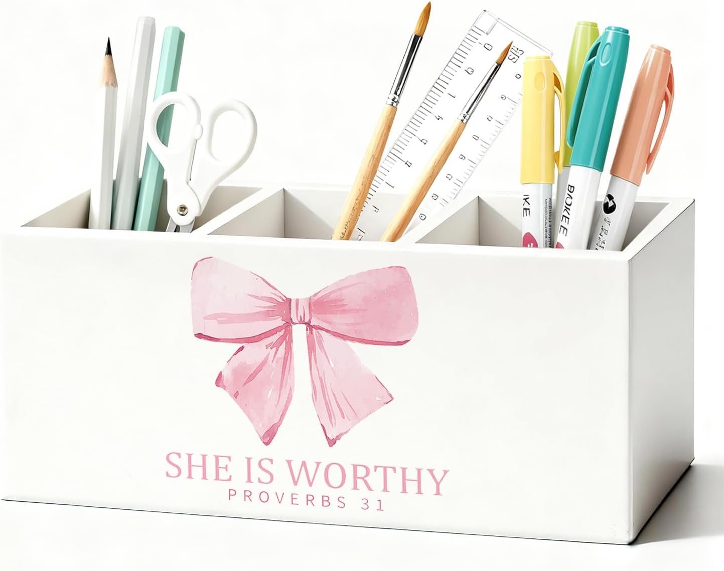 Pink Bow Christian Pen Holder, Christian Gifts for Women Pencil Holder for Desk, Proverbs 31 Woman Gifts, Bible Verse Wooden Box Sign Decorations for Girly Room Bedroom Dorm Desk Tabletop
