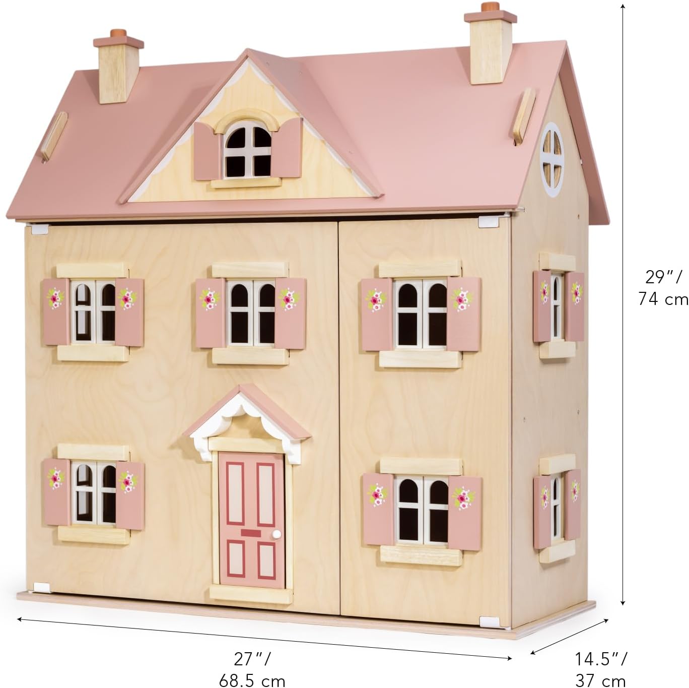 Tender Leaf Toys - Alouette House - 5 Room Dolls House in Dusky Pink with Opening and Closing Shutters - Floral Wooden Playhouse for Imaginative Storytelling and Creative Play - Age 3+