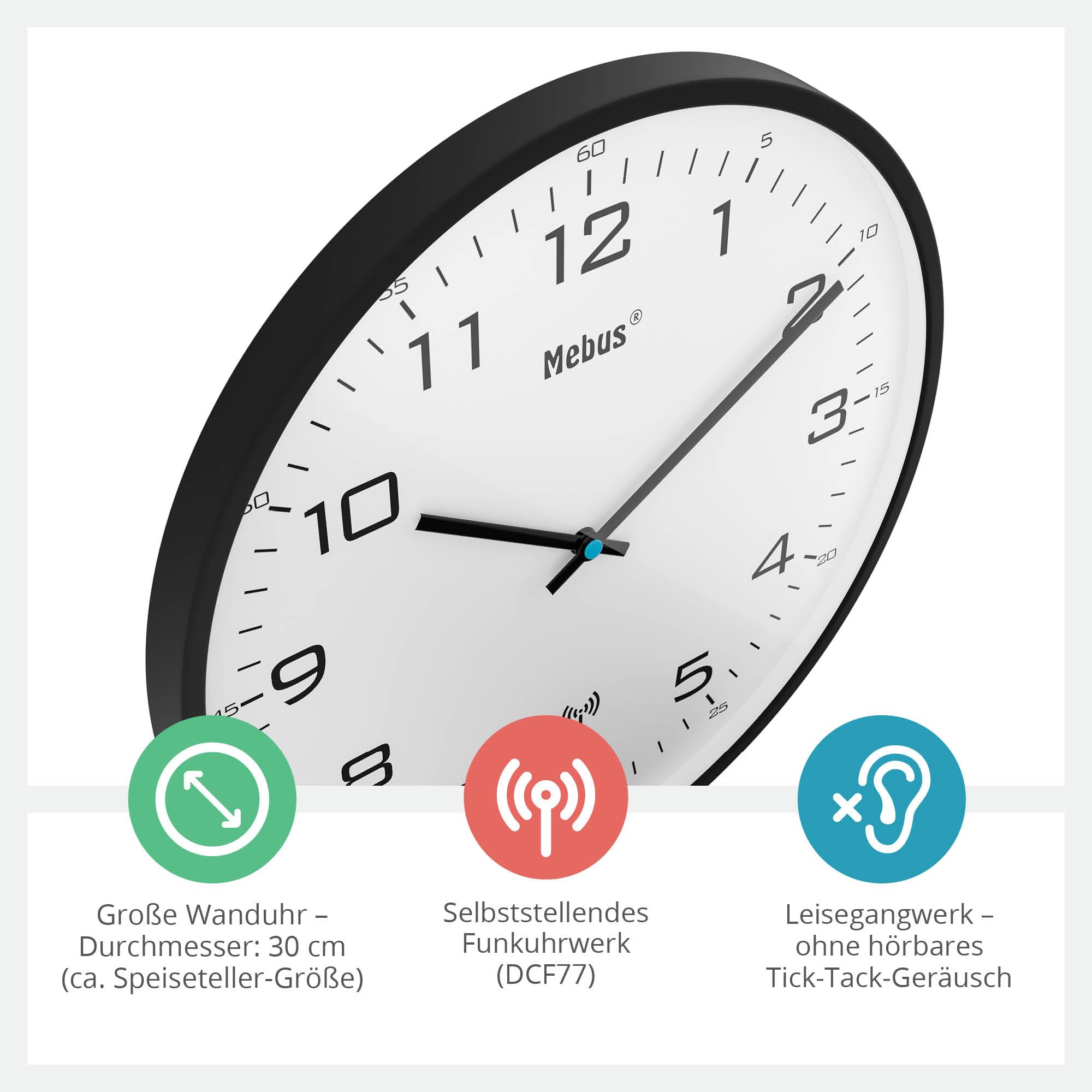 Mebus Funk-Wanduhr, 30 cm, lautlos, schwarzer Rahmen, weißes Zifferblatt, Modell 13079 - Große und klare Anzeige, Schwarz