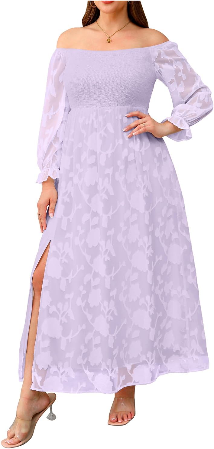 Plus Size Summer Dresses - Boho Casual Off Shoulder Floral Long Maxi Dress with Pockets