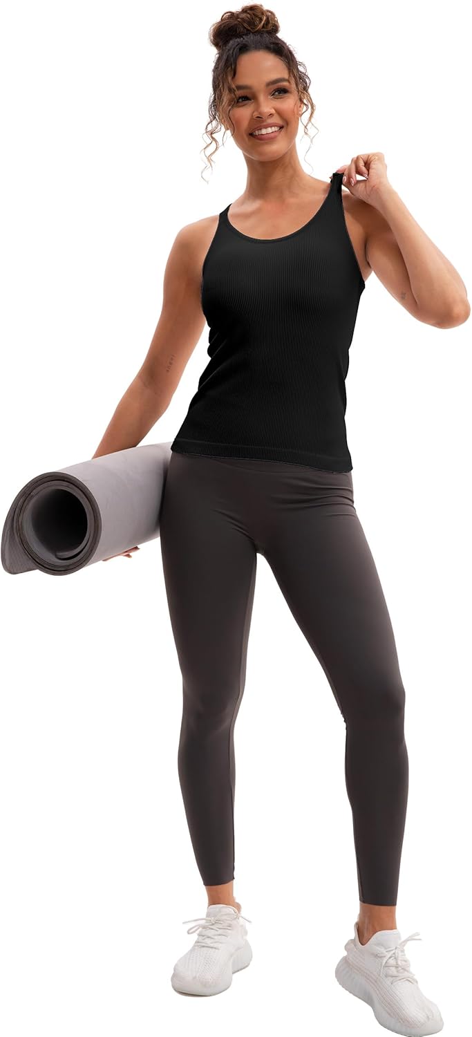 MathCat Workout Tank Tops for Women with Built in Bra, Seamless Ribbed Racerback Camisole Tops, Sleeveless Gym Yoga Shirts Black X-Small image 5 of 5 B0FDQSS982